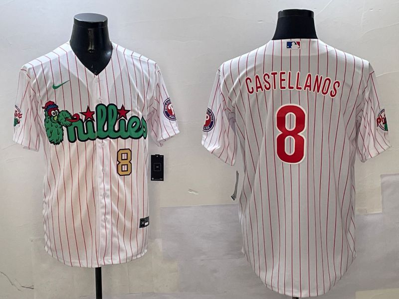 Men Philadelphia Phillies #8 Castellanos White Stripe Three generations Joint Name Game 2025 Nike MLB Jersey style 2